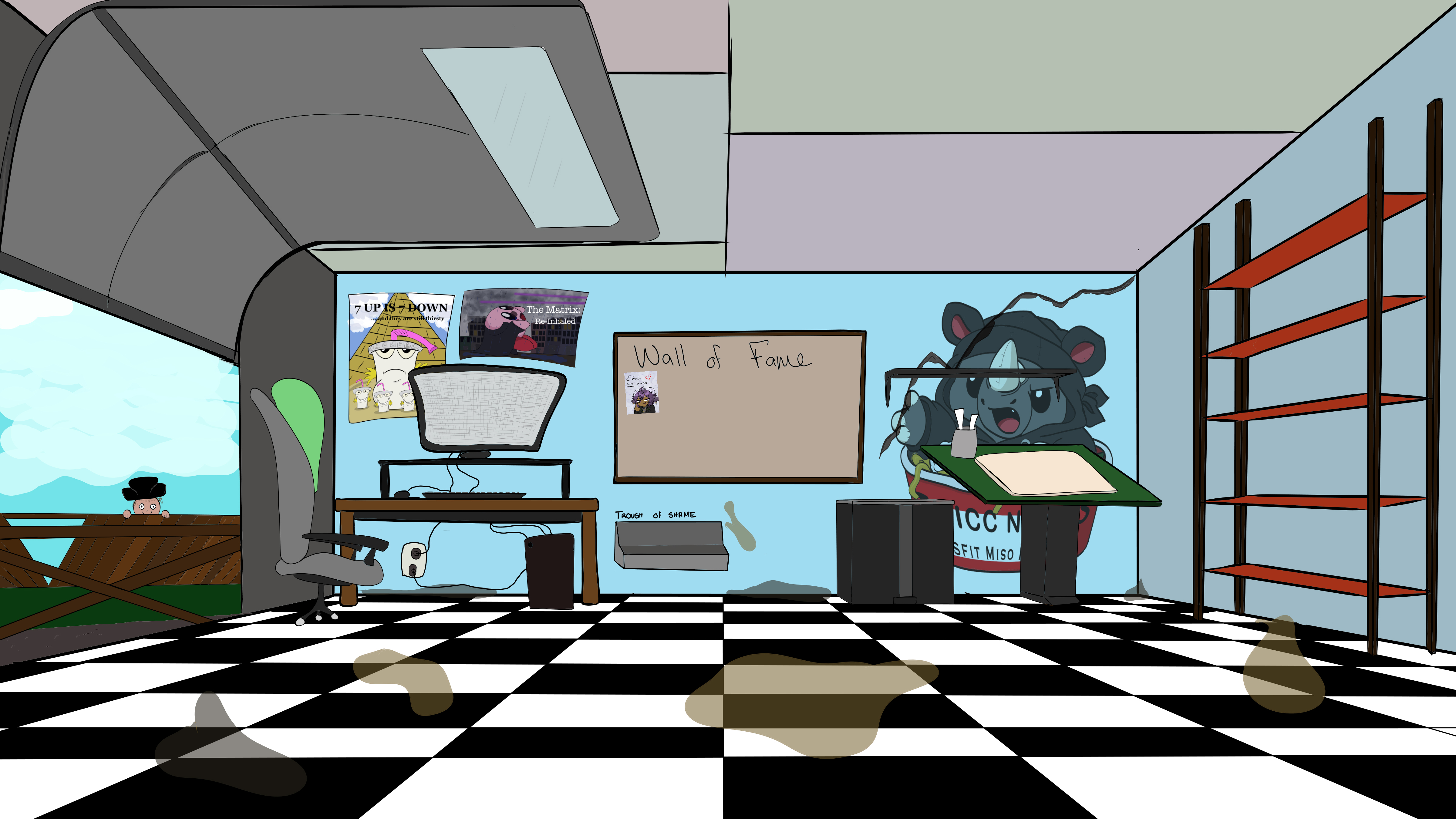 An illustrated garage with a checkerboard floor, a computer desk, a Wall of Fame, a rhino mural behind a drawing desk, and red shelves.